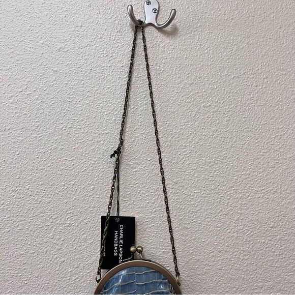 Charlie Lapson Kisslock Small Clam Shell Bag Purse Croc Embossed Leather - Picture 3 of 8